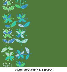 Seamless   pattern of vertical floral  motif, doodles,spots,branches, leaves, flowers, spots, copy space. Hand drawn.