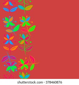 Seamless   pattern of vertical floral  motif, doodles,spots,branches, leaves, flowers, spots, copy space. Hand drawn.