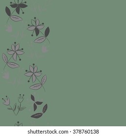 Seamless   pattern of vertical floral motif, doodles,spots,leaves, branches, flowers, stamens, copy space. Hand drawn.