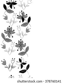 Seamless   pattern of vertical floral motif, doodles,spots,leaves, branches, flowers, stamens, copy space. Hand drawn.