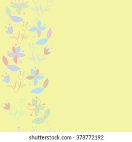 Seamless   pattern of vertical floral motif, doodles,spots,leaves, branches, flowers, stamens, copy space. Hand drawn.