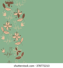 Seamless   pattern of vertical floral motif, doodles,spots,leaves, branches, flowers, stamens, copy space. Hand drawn.