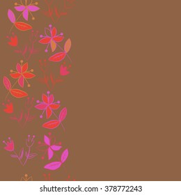 Seamless   pattern of vertical floral motif, doodles,spots,leaves, branches, flowers, stamens, copy space. Hand drawn.