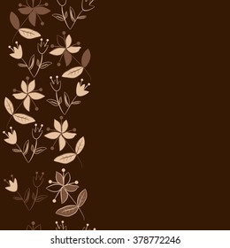 Seamless   pattern of vertical floral motif, doodles,spots,leaves, branches, flowers, stamens, copy space. Hand drawn.