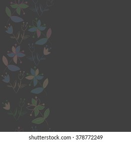 Seamless   pattern of vertical floral motif, doodles,spots,leaves, branches, flowers, stamens, copy space. Hand drawn.