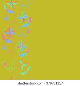 Seamless   pattern of vertical floral motif, doodles,spots,leaves, branches, flowers, stamens, copy space. Hand drawn.