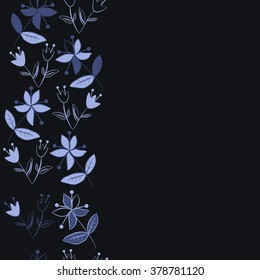 Seamless   pattern of vertical floral motif, doodles,spots,leaves, branches, flowers, stamens, copy space. Hand drawn.