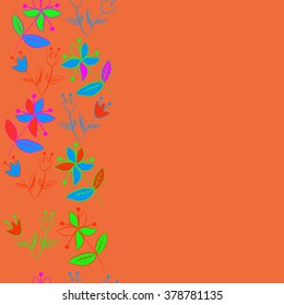 Seamless   pattern of vertical floral motif, doodles,spots,leaves, branches, flowers, stamens, copy space. Hand drawn.