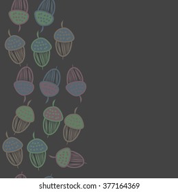 Seamless   pattern of vertical floral motif,acorns, stripes, doodles,ellipses,hole, copy space. Hand drawn, autumn theme.