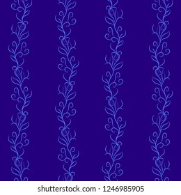 Seamless pattern with vertical floral ornament. Hand drawn light blue curly elements on dark purple background. Vector illustration.