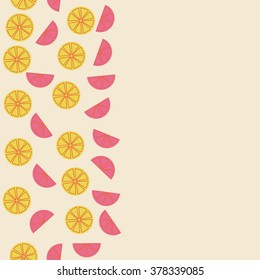Seamless   pattern of vertical fruits  motif, doodles,spots,lemon,, half,segment,circle, copy space. Hand drawn, autumn theme.