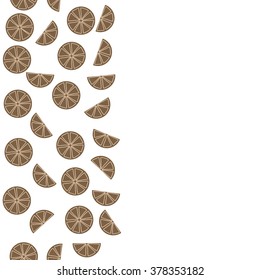 Seamless   pattern of vertical fruits  motif, doodles,spots,lemon, half,segment,circle, copy space. Hand drawn, autumn theme.
