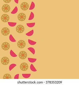 Seamless   pattern of vertical fruits  motif, doodles,spots,lemon, half,segment,circle, copy space. Hand drawn, autumn theme.