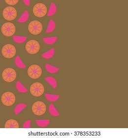 Seamless   pattern of vertical fruits  motif, doodles,spots,lemon, half,segment,circle, copy space. Hand drawn, autumn theme.