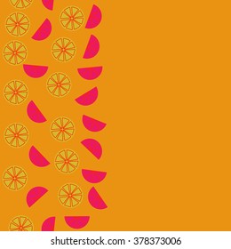 Seamless   pattern of vertical fruits  motif, doodles,spots,lemon, half,segment,circle, copy space. Hand drawn, autumn theme.