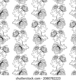 Seamless pattern of vertical garlands of chrysanthemum branches, black contour drawing. Vector illustration for festive design, packaging, wallpaper, fabric, textile, stationery, accessories.