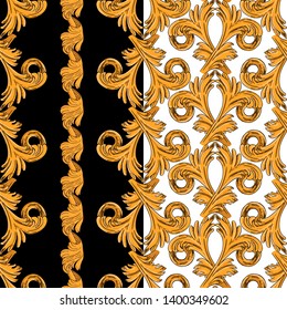 Seamless pattern with vertical golden patterns. Pattern on a black and white background.