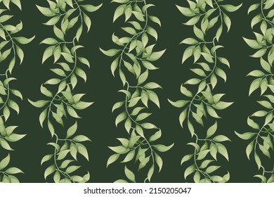 Seamless pattern with a vertical pattern of green leaves. Wallpaper, fabric, wrapping paper, scrapbooking paper