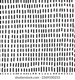 Seamless pattern with vertical hand drawn doodle dashes. Black lines create a minimal abstract texture. Perfect for textile prints, packaging, and digital backgrounds. Vector illustration.