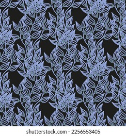 Seamless pattern with vertical pattern of leaves. Black background. Trendy design seamless with branches
