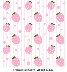 Seamless pattern of vertical lines with cute pink strawberries	