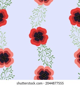 Seamless pattern, vertical ornament with poppy foliage and flowers. Vector illustration for festive design, packaging, wallpaper, fabric, textile, stationery, accessories.