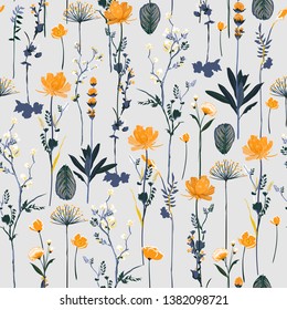 Seamless pattern vertical repeat in vector Soft and gentle botanical blooming garden flowers design for fabric,fashion,textile,web,wallpaper,all prints on light grey