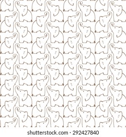 Seamless pattern with vertical rows with linear drawn elephants on white background.