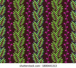 Seamless pattern with vertical rows of mountain ash leaves and berries. Repeat symmetrical botanical pattern. Vector illustration.