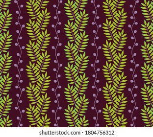 Seamless pattern with vertical rows of mountain ash leaves and berries. Repeat symmetrical botanical pattern. Vector illustration.