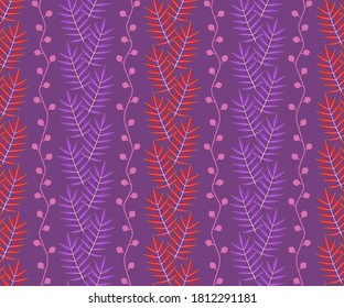 Seamless pattern with vertical rows of mountain ash leaves and berries. Repeat symmetrical botanical pattern. Vector illustration.