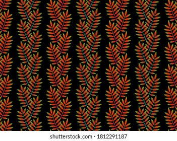 Seamless pattern with vertical rows of mountain ash leaves. Repeat symmetrical botanical pattern. Vector illustration.