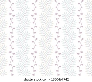 Seamless pattern with vertical rows of mountain ash leaves and berries. Repeat symmetrical botanical pattern. Vector illustration.