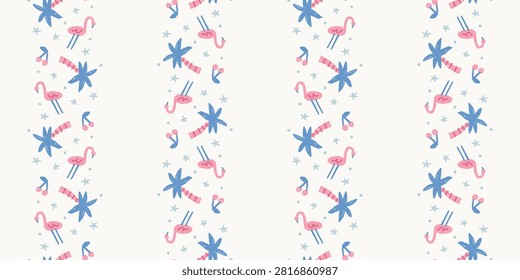 Seamless pattern of vertical running hand drawn pink flamingo palm tree and cherry stripes on cream

