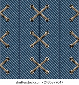 Seamless pattern with vertical seams, wide stripes of blue denim fabric and crisscross rope lacing. Vintage style. For prints, clothing, t shirt, surface design. Not AI