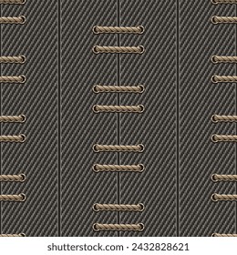 Patrón sin costuras con costuras verticales, rayas anchas de tela de mezclilla gris y cordones de cuerda horizontales. Estilo vintage. Para estampados, ropa, camiseta, diseño de superficie. No es IA