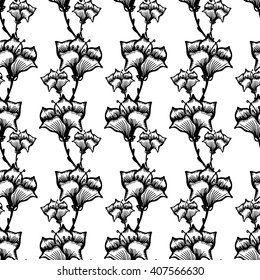 Seamless pattern with vertical sketch flowers. Floral monochrome background.