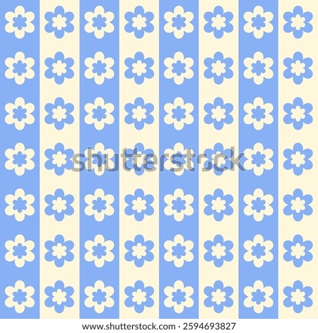 Seamless pattern with vertical strip of daisy flowers. Cute floral minimal print. Blue and beige colors. Vector illustration