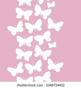 Seamless pattern of vertical strip of silhouette butterflies. Vector illustration isolated on a pink background.