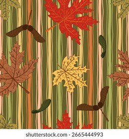 seamless pattern vertical stripe maple leaves autumn color, brown, green, pastel shades, Tablecloth