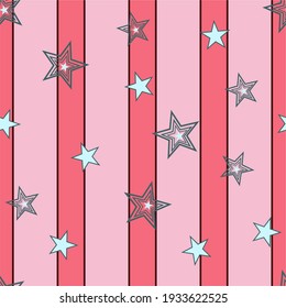 Seamless pattern with vertical stripes. Abstract colorful geometric pattern with bright stars. Geometric vector pattern. Vintage ornament for wallpaper, printing on the packaging paper, textiles