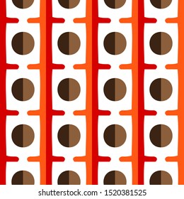 Seamless pattern with vertical stripes and circles on a white background.