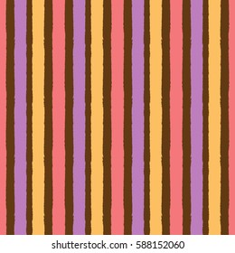 Seamless pattern with vertical stripes. Endless colorful background. Vector illustration drawn by rough brush. Purple, pink, brown, yellow.