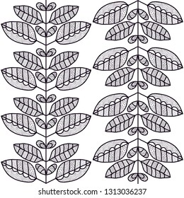 Seamless pattern of vertical stripes. Floral ornament of leaves. Handwork, doodles. Vector illustration.