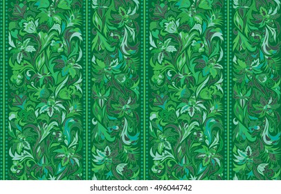 Seamless pattern with vertical stripes and floral hand drawing ornament. Vector wallpaper. Green