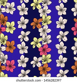 Seamless pattern of vertical stripes of flowers on a blue background. Separate creepers from the flowers on the blue stripes.