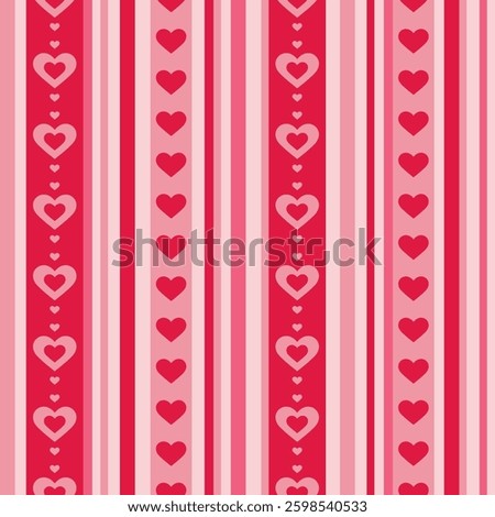 Seamless pattern with vertical stripes and hearts in pink and red colours. Vector Valentine's day background. Editable.