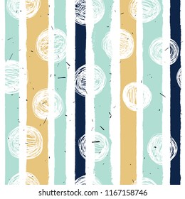 A seamless pattern with vertical stripes in pastel colors: mint, gold, dark blue.
