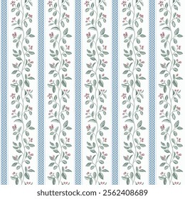 Seamless pattern with vertical stripes and twigs of cotoneaster. Vector vintage illustration. Green, blue and red.