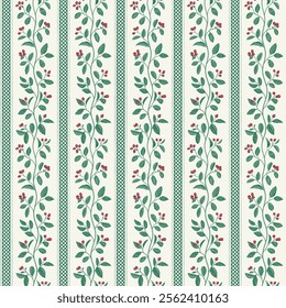 Seamless pattern with vertical stripes and twigs of cotoneaster. Vector vintage illustration. Emerald and red.